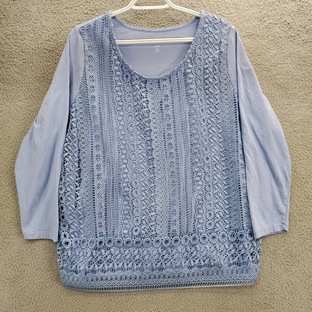 Woman Within Crochet Shirt Long Sleeve Plus Size 1X 22/24 Light Blue